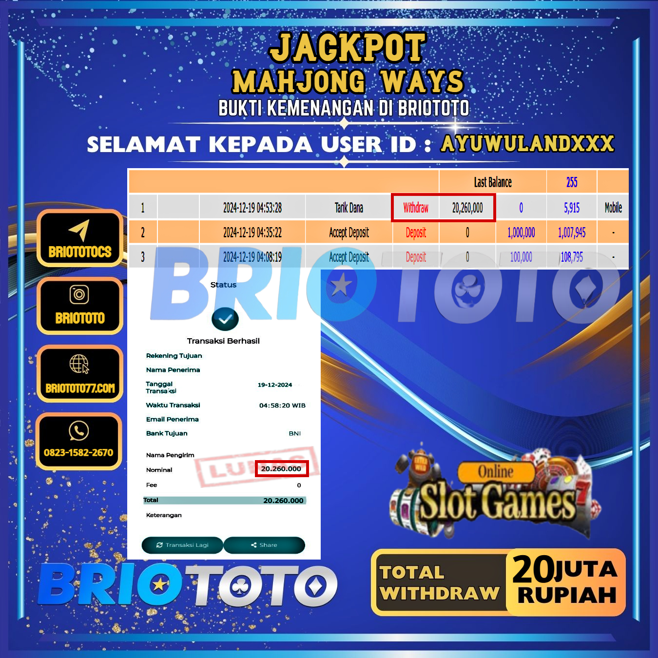 BRIOTOTO JACKPOT SLOT MAHJONG WAYS RP.20.260.000,- LUNAS USER ID : AYUWULAND***