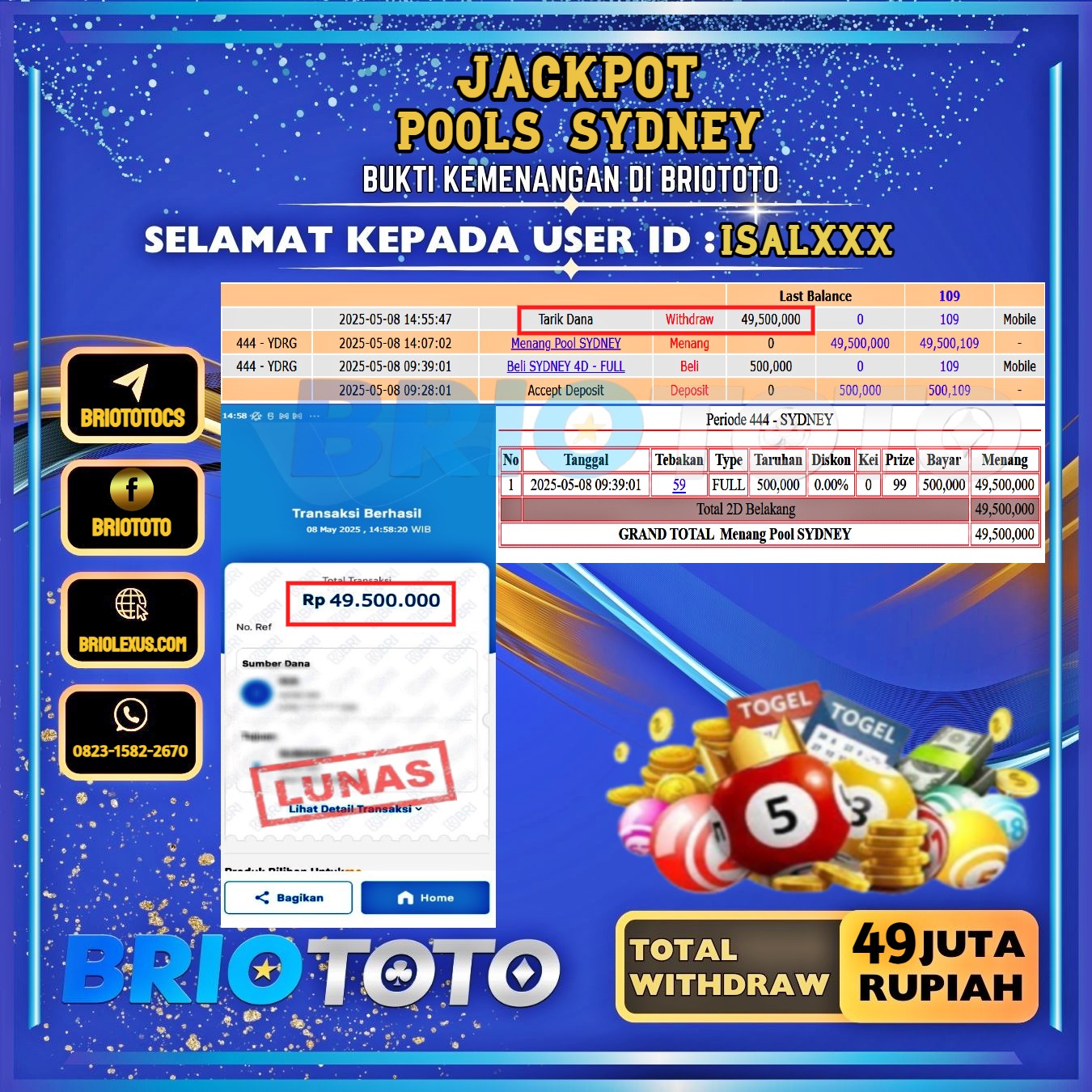 BRIOTOTO JACKPOT TOGEL SYDNEY RP.49.000.000,- LUNAS USER ID : ISAL****