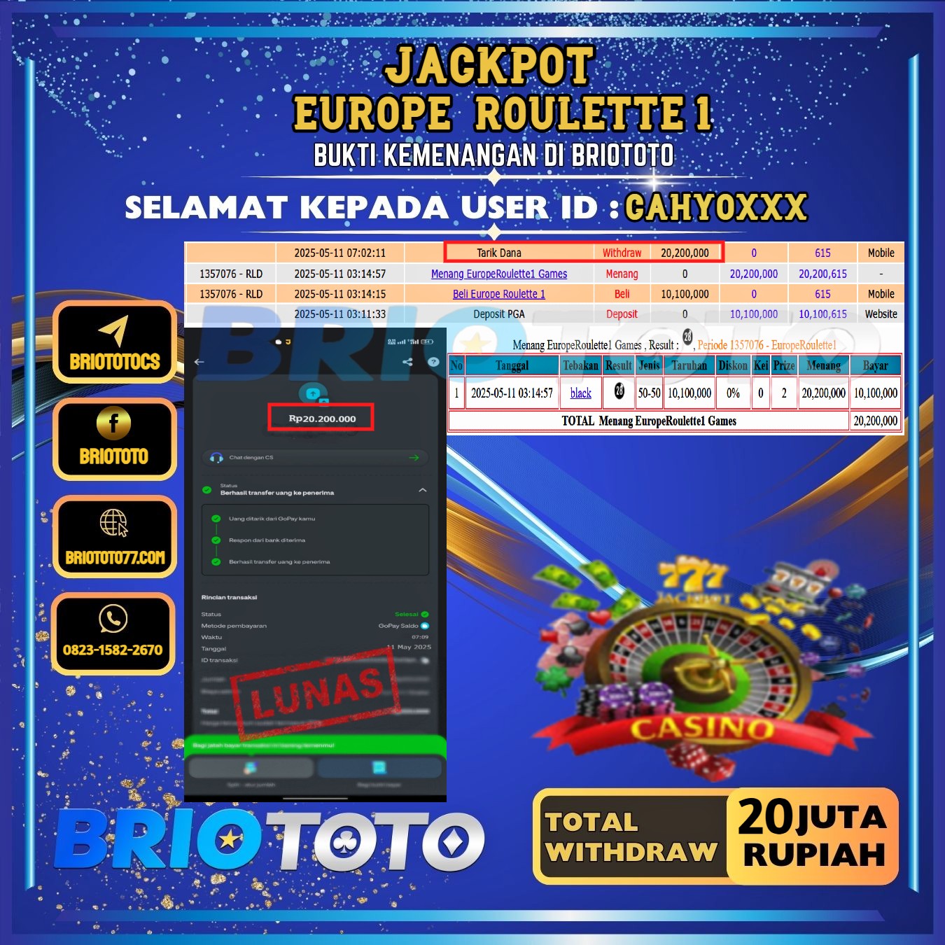 BRIOTOTO JACKPOT EUROPE ROULETTE 1 RP.20.000.000,- LUNAS USER ID : CAHYO****