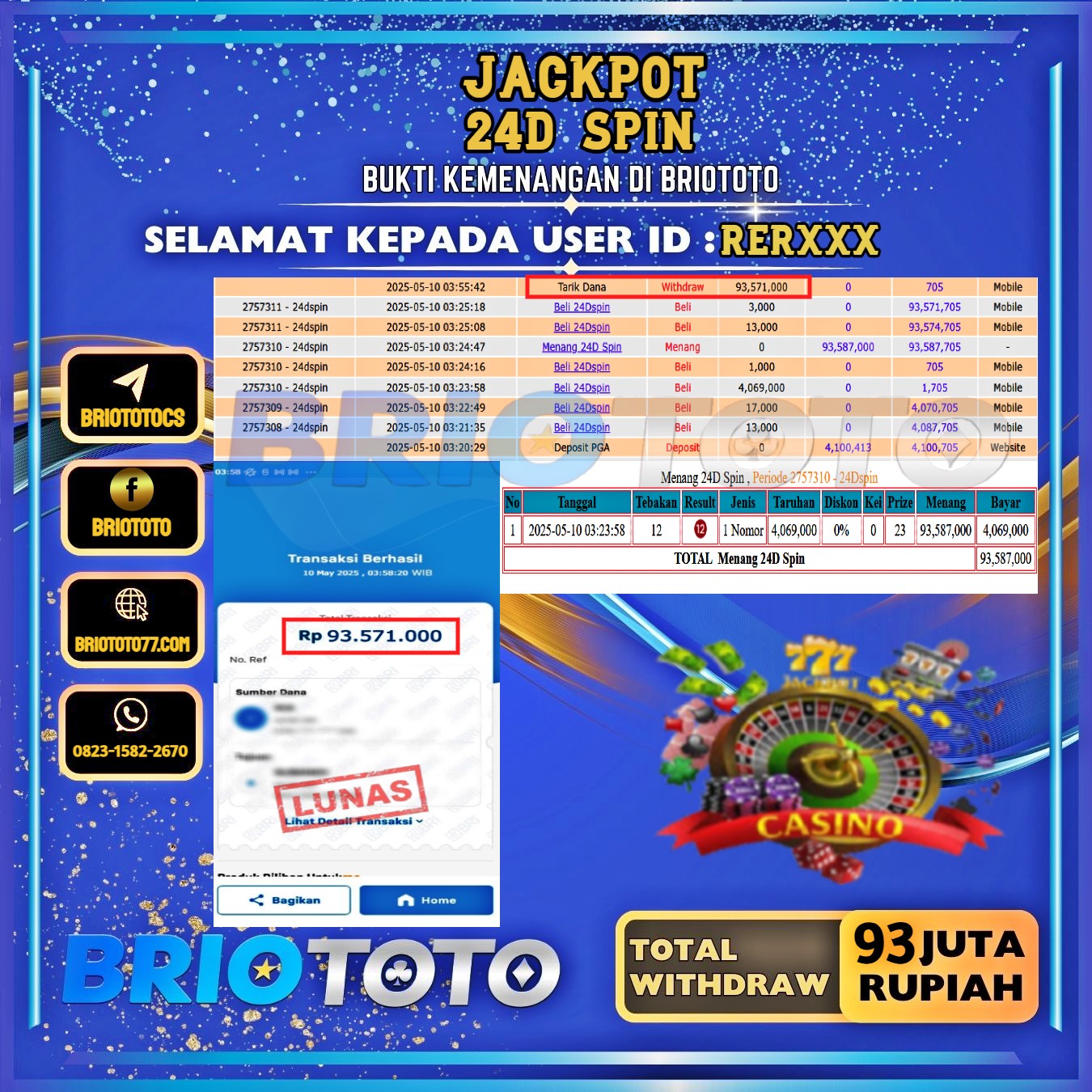 BRIOTOTO JACKPOT 24D SPIN RP.93.000.000,- LUNAS USER ID : RER****