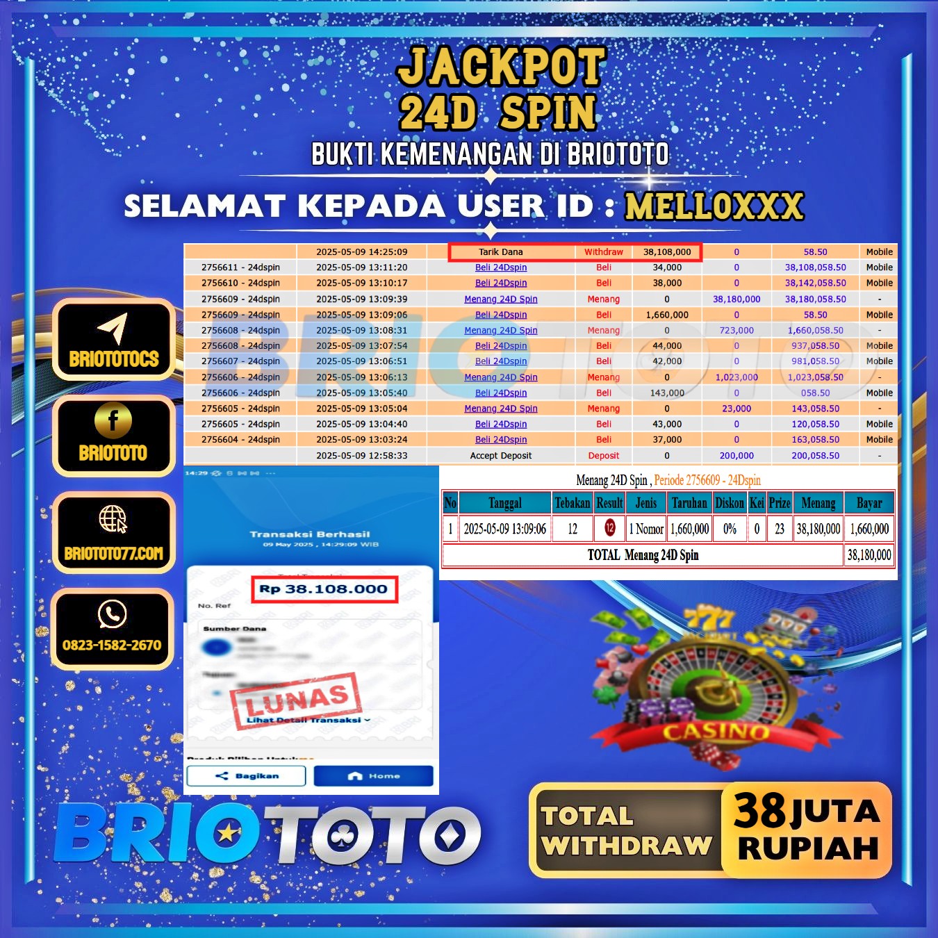 BRIOTOTO JACKPOT 24D SPIN RP.38.000.000,- LUNAS USER ID : MELLO****