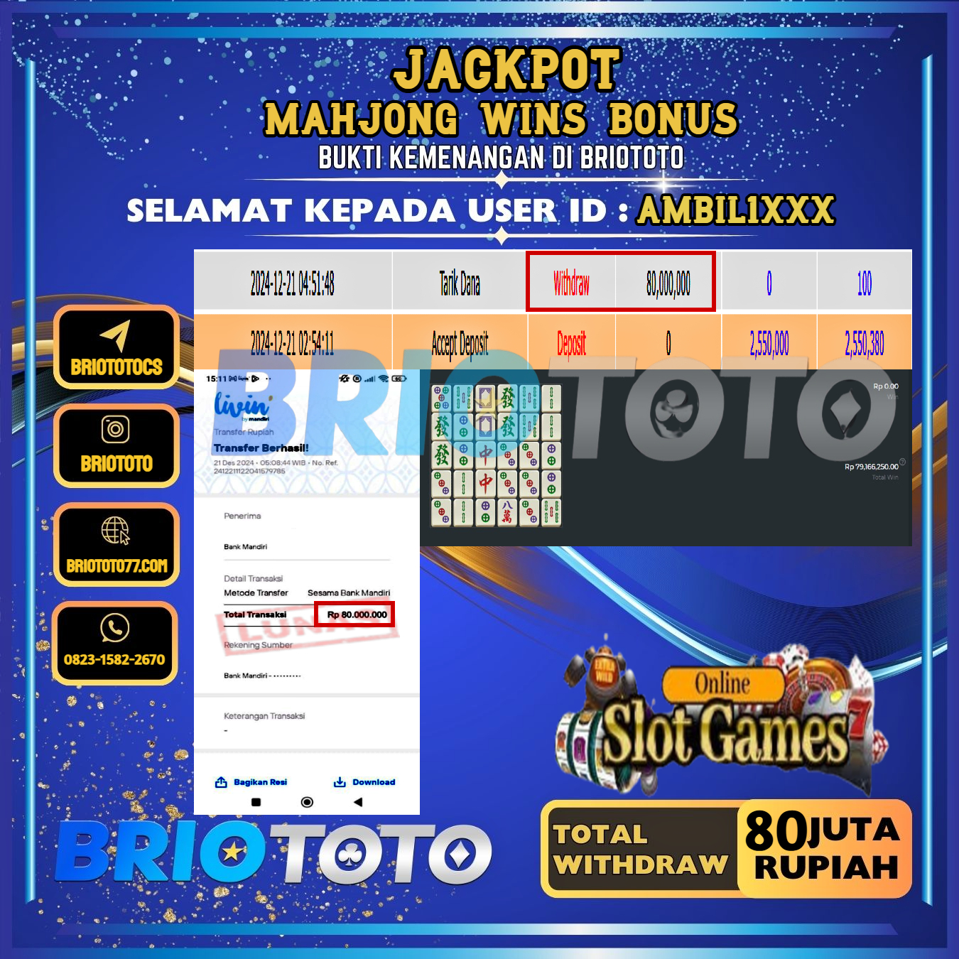 BRIOTOTO JACKPOT SLOT MAHJONG WINS BONUS RP.80.000.000,- LUNAS USER ID : AMBIL1***