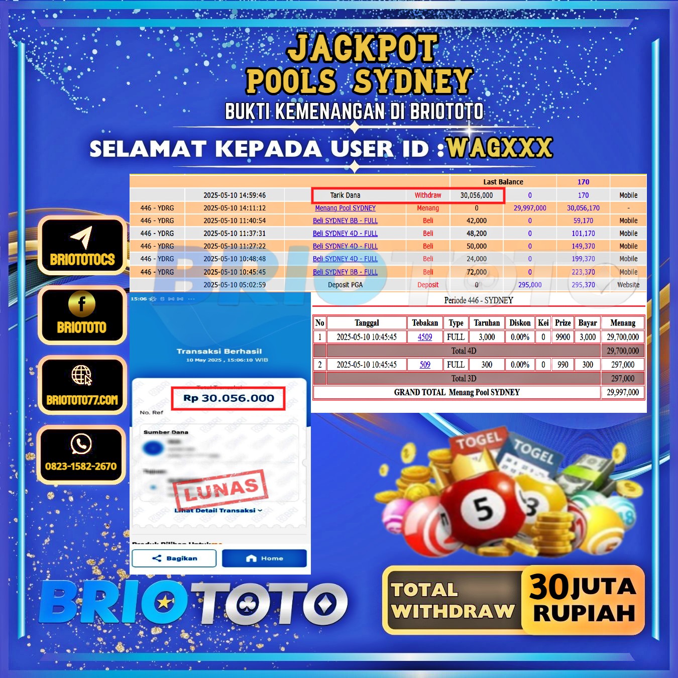 BRIOTOTO JACKPOT TOGEL SYDNEY RP.30.000.000,- LUNAS USER ID : WAG****