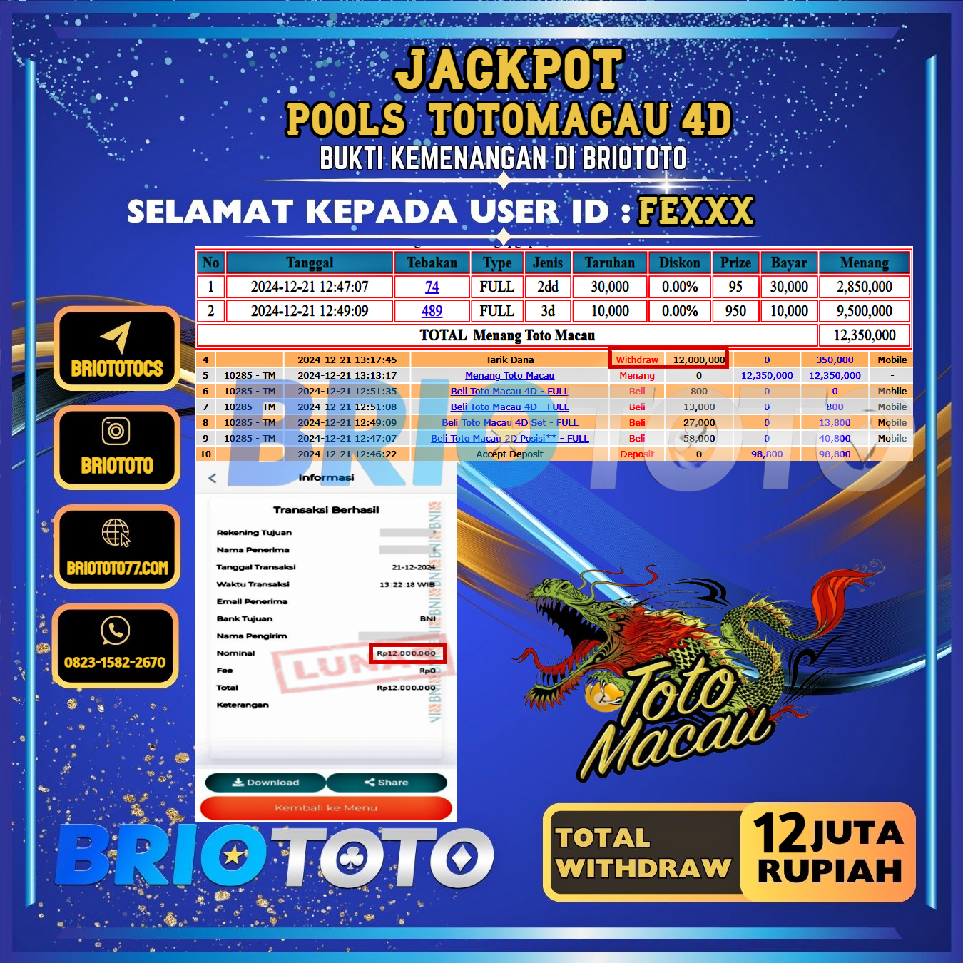 BRIOTOTO JACKPOT TOGEL TOTOMACAU 4D RP.12.000.000,- LUNAS USER ID : FE***