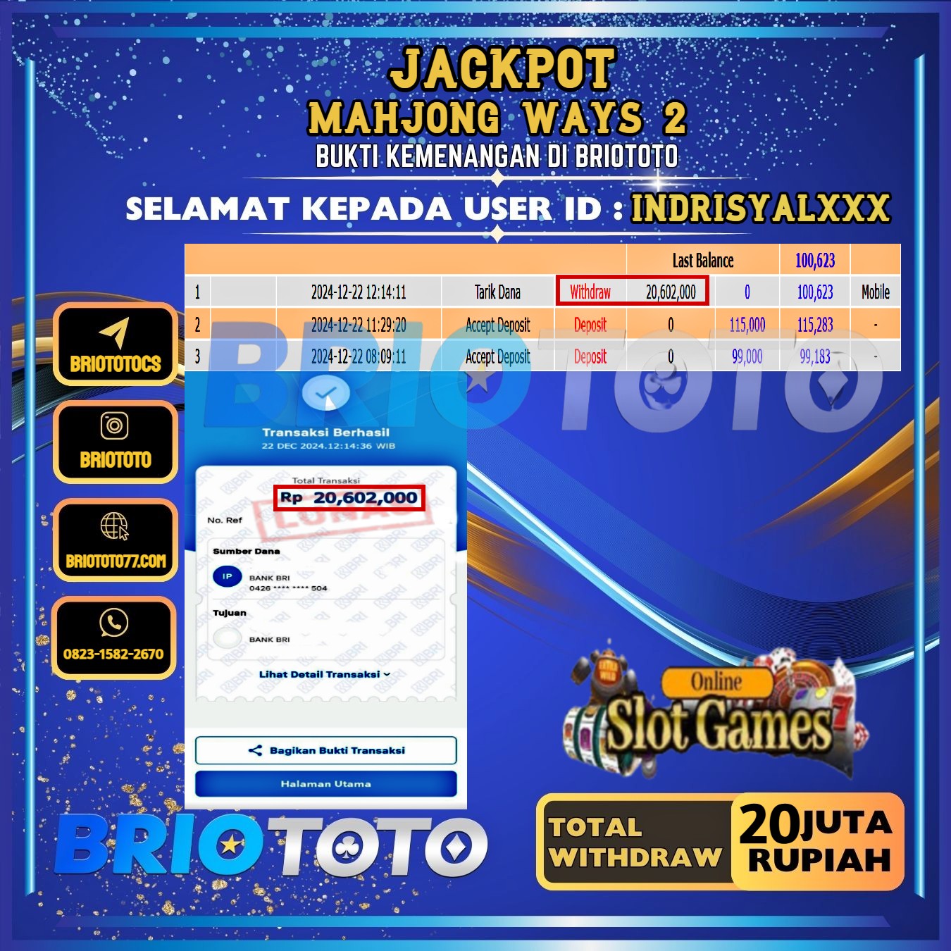 BRIOTOTO JACKPOT SLOT MAHJONG WAYS 2 RP.20.602.000,- LUNAS USER ID : INDRISYAL***