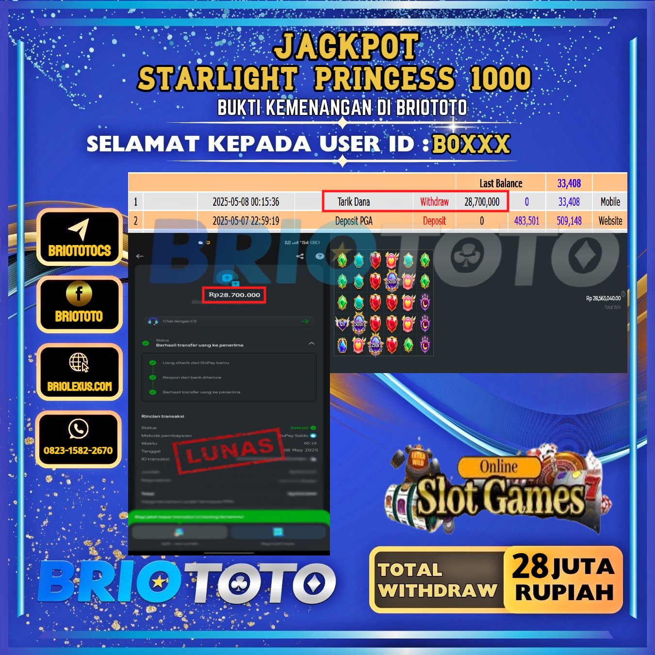 BRIOTOTO JACKPOT SLOT STARLIGHT PRINCESS 1000 RP.28.000.000,- LUNAS USER ID : BO****