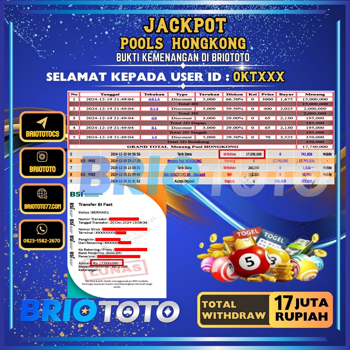 BRIOTOTO JACKPOT TOGEL HONGKONG RP.17.000.000,- LUNAS USER ID : OKT****