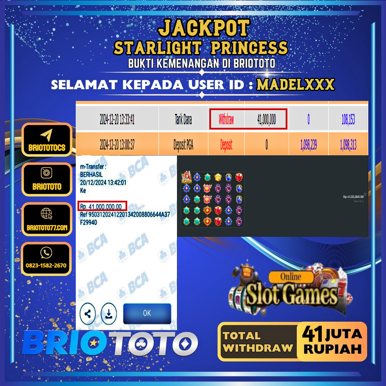 BRIOTOTO JACKPOT SLOT STARLIGHT PRINCESS RP.41.000.000,- LUNAS USER ID : MADEL***